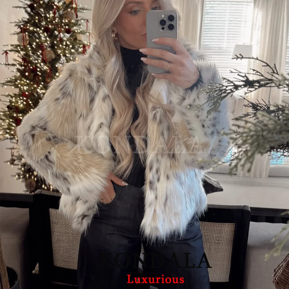 KONDALA Casual Leopard Faux Fur Jackets Women Long Sleeve Buttons Loose Jackets Fashion 2025 Autumn Winter Thick Warm Outwears