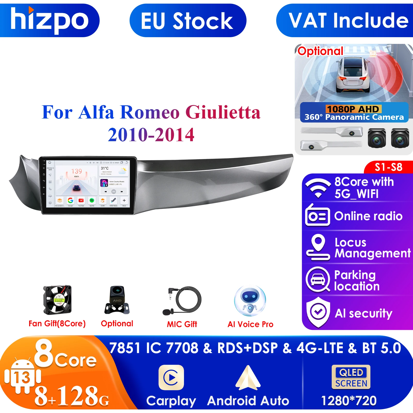 Autoradio da 9 pollici Carplay 4G 2 Din Android 13 per Alfa Romeo Giulietta 2010 - 2014 Furgonato