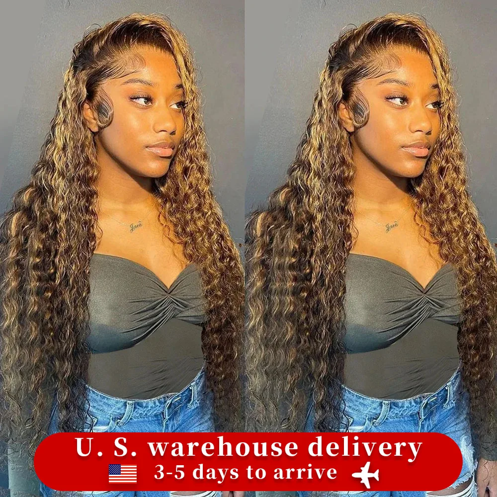 Perruque Lace Front Wig Deep Wave Brésilienne Remy Naturelle, Cheveux Bouclés, 13x6, 13x4 HD, à Reflets Ombré, pour Femme