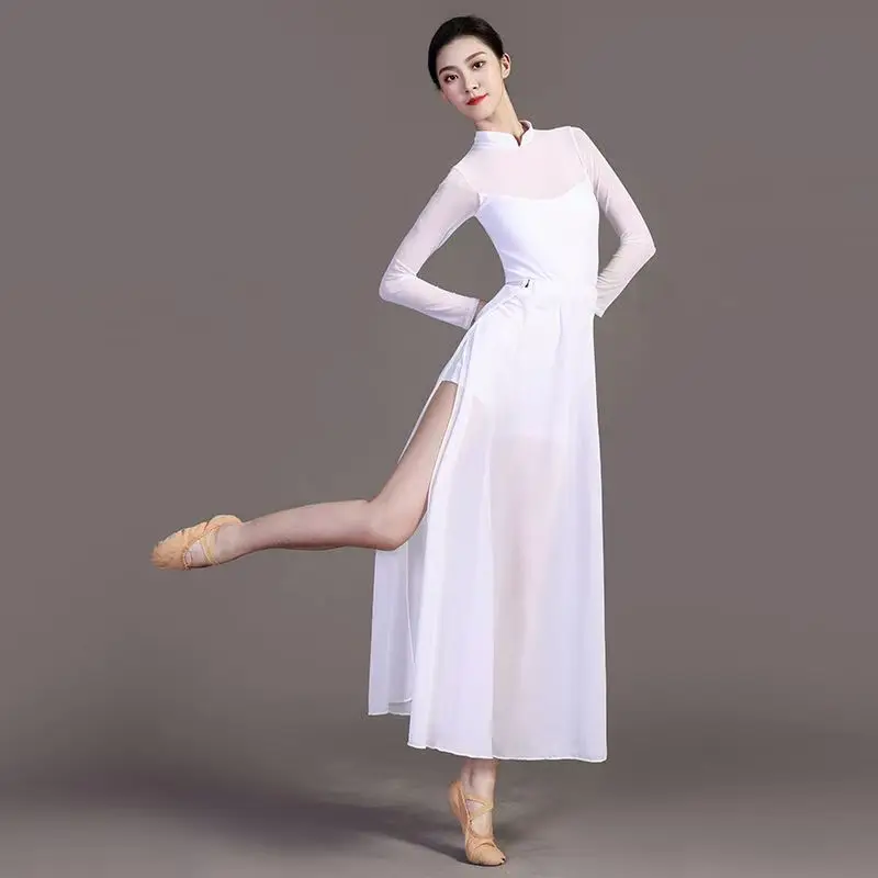 Women Modern Lyrical Dance Performance Costume Sleeveless Rhinestone Split Mesh Leotard Dress for Ballet Gymnastics Skating
