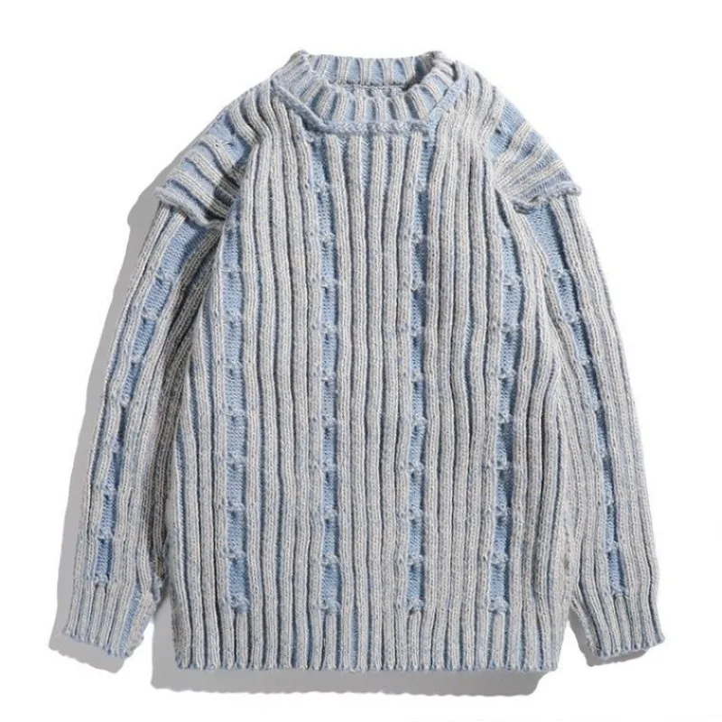 Niche Mixed Color Knitted Sweater Men Japanese Style Retro Striped Contrasting Round Neck Pullovers Couple Casual Losse Jumpers