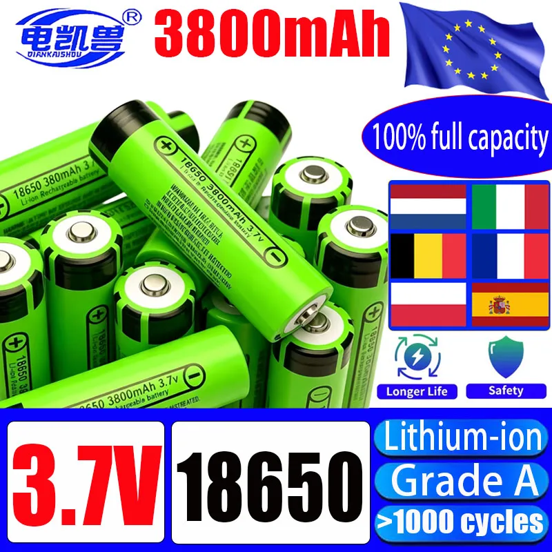 new high-capacity pointed 18650 rechargeable battery 3.7V 3800mAh 12A18650 flat head lithium battery suitable for flashlights