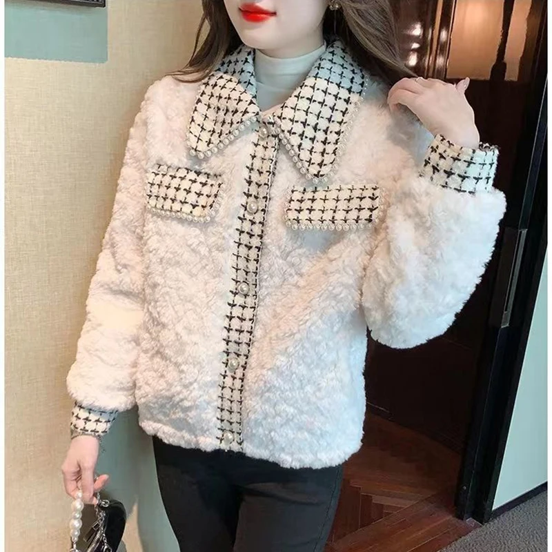 Imitation Lamb Wool Jackets for Women, Thick Warm Coat, Single-Breasted Outerwear, Loose and Splicing, New, Fall Winter, 2023