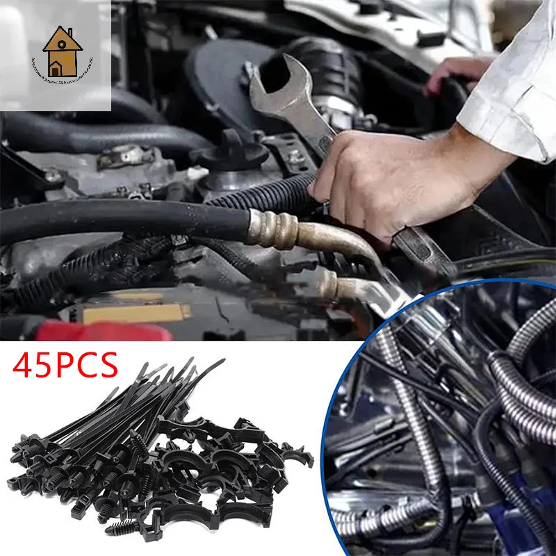 

Wire Routing Clamp and Zip Tie Pack of 45 pieces; Self-Locking Universal Clips for Cable Fastening and Organizing in Cars.