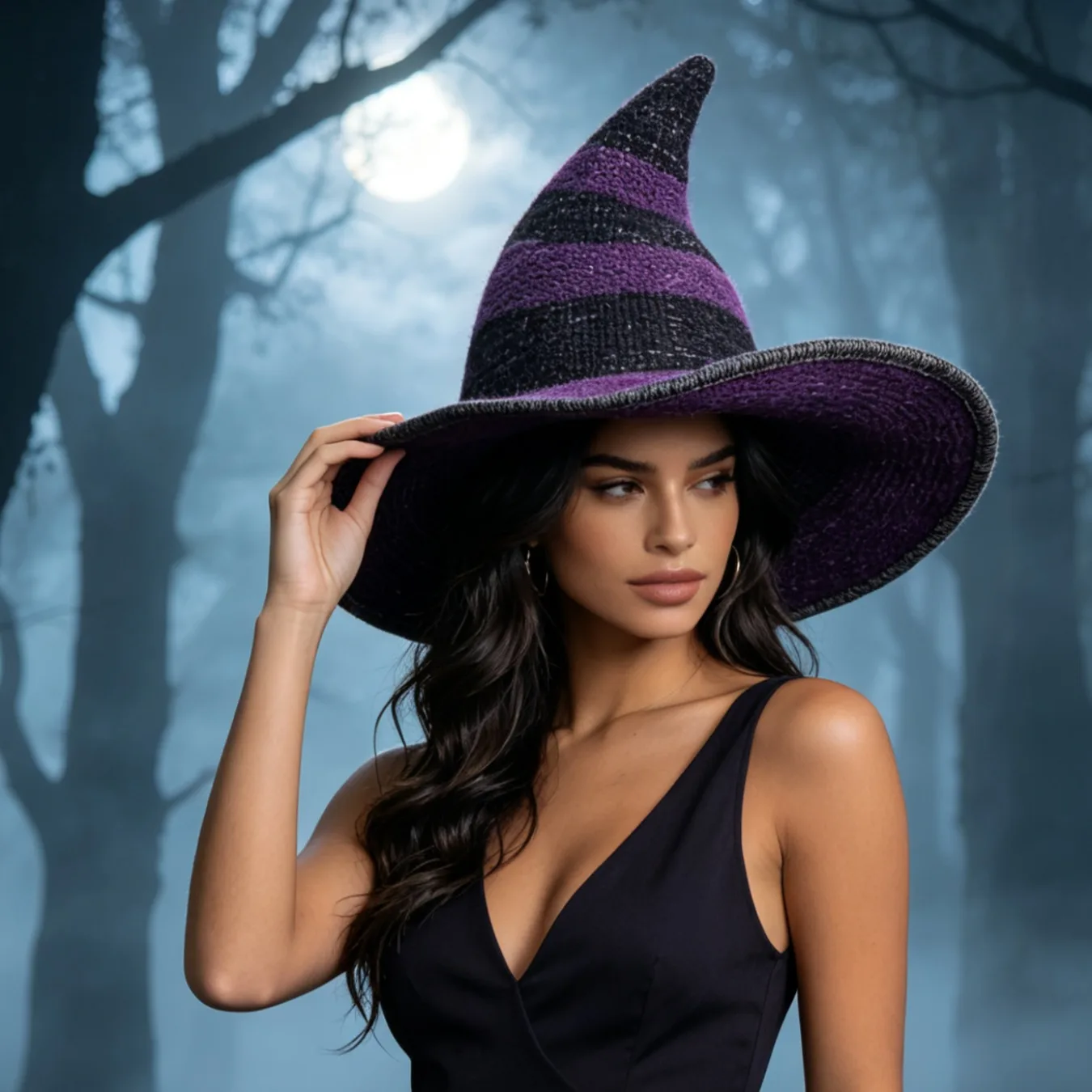Costume Accessory Women's Foldable Knitted Wizard Hat Large Brim Pointed Top Halloween Witch Cap