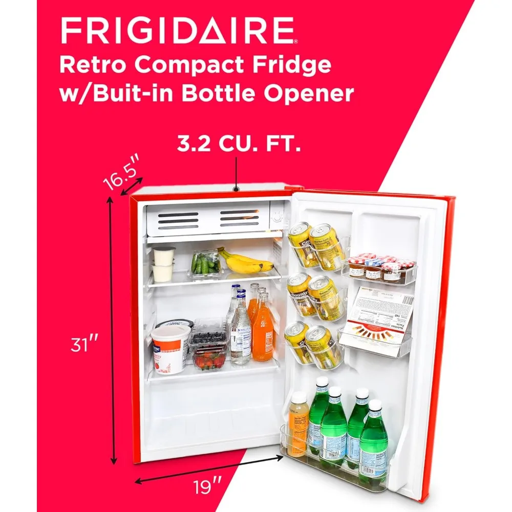 Retro Compact Fridge with Chiller, 3.2 cu ft Countertop Fridge with Built-In Bottle Opener, Compact Refrigerator