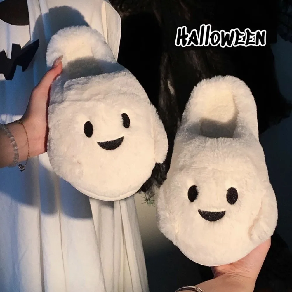 Moda macia fantasma chinelos silencioso quente halloween chinelos de pelúcia antiderrapante sola grossa inverno fofo slides casais