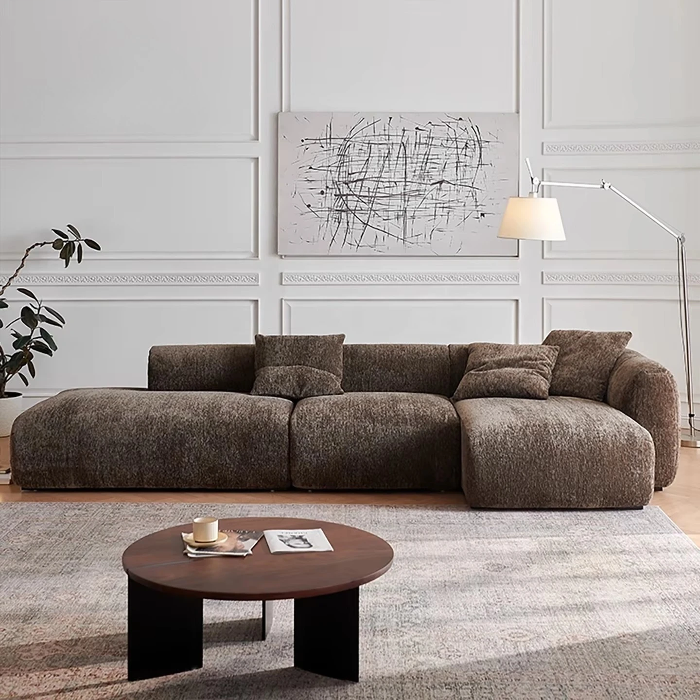 French Retro Chocolate Chenille Modular 3-seater Living Room Sofa Set L-Shape Apartment Villa Leisure Floor Corner Sofa