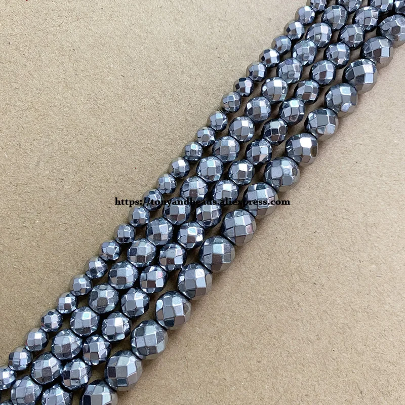 Natural Stone Faceted Dull Silver Plated Hematite Round Loose Beads 4 6 8 10 MM 15\