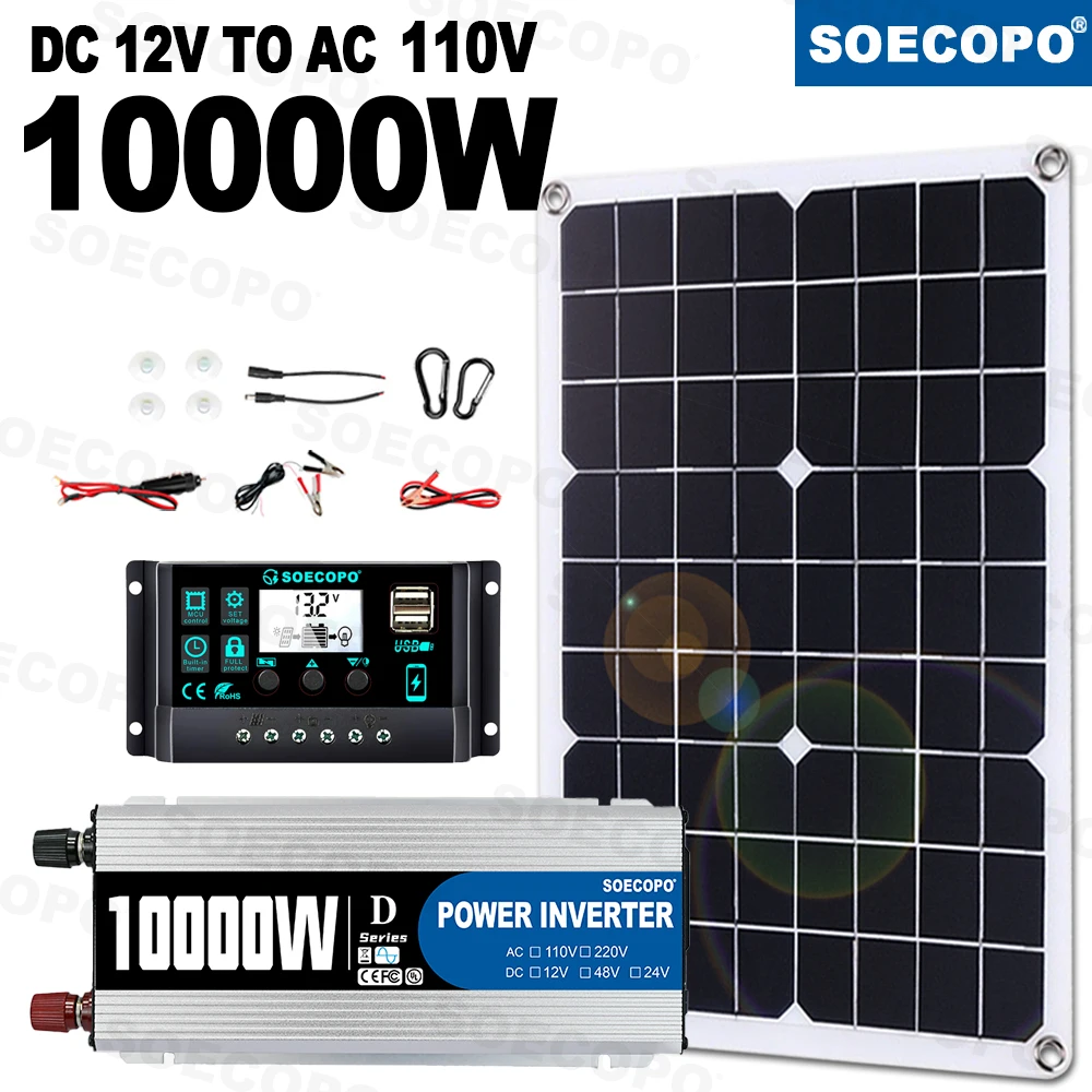 10000W zonnegeneratorset 500W paneel 100A controller 12V naar 220V off-grid omvormer voor thuis/camper hele huis back-up CE-gecertificeerd