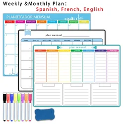 A3 Size Magnetic Weekly &monthly Planner:Spanish, French, English.Dry Erase Whiteboard Fridge Sticker Calendar