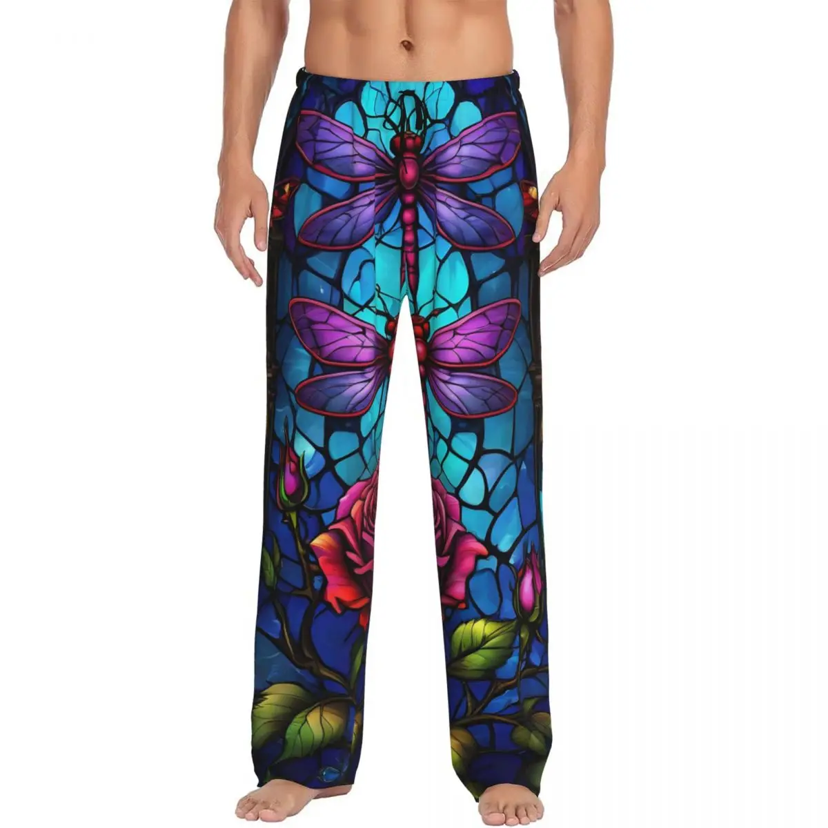 Men's Dragonflies Roses Pajama Pants Custom Printed Sleep Sleepwear Bottoms with Pockets