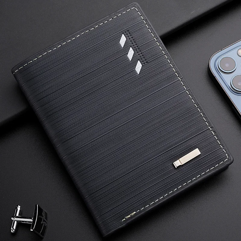 Business Men's Short Wallet Microfiber Synthetic Leather Short Wallets Men Stripe Male Purse Coin Pouch Multi-functional Cards