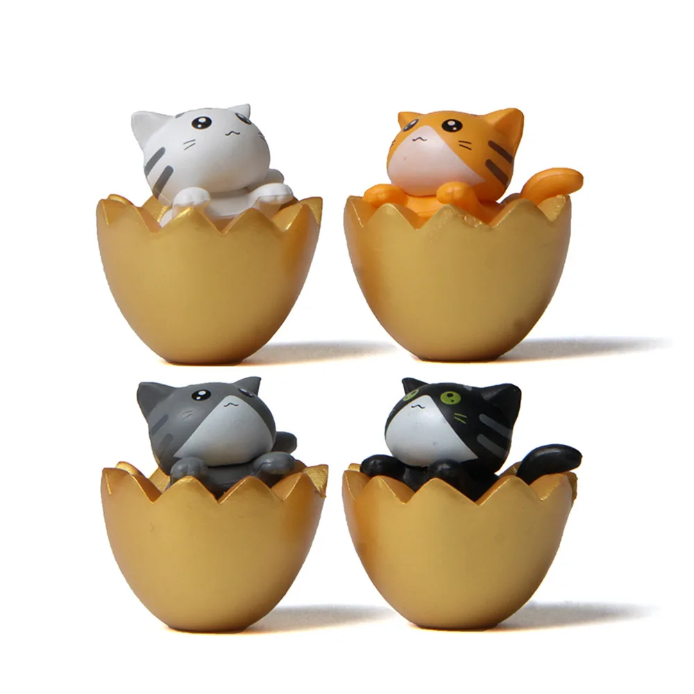 Kawaii Resin Cat In The Gold Eggshell Figurine Molds Fairy Garden Miniatures Desktop Cat Statue Toy Mini Figures Home Decoration