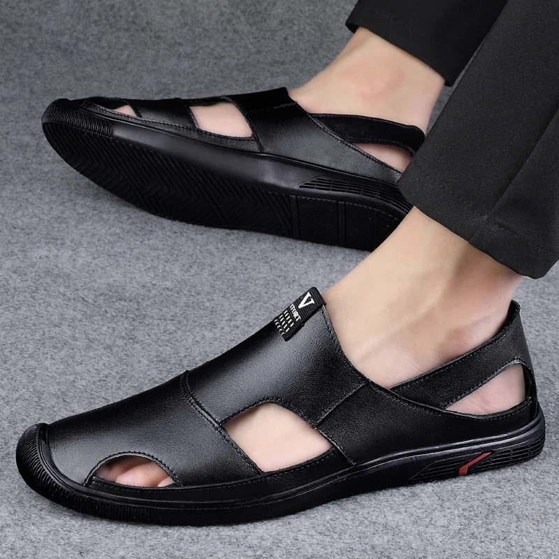 Fashion Vintage Men Shoes Genuine Leather Sandals Cow Leather Soft Breathable Casual Flats Summer Beach Sandals Outdoor Slippers