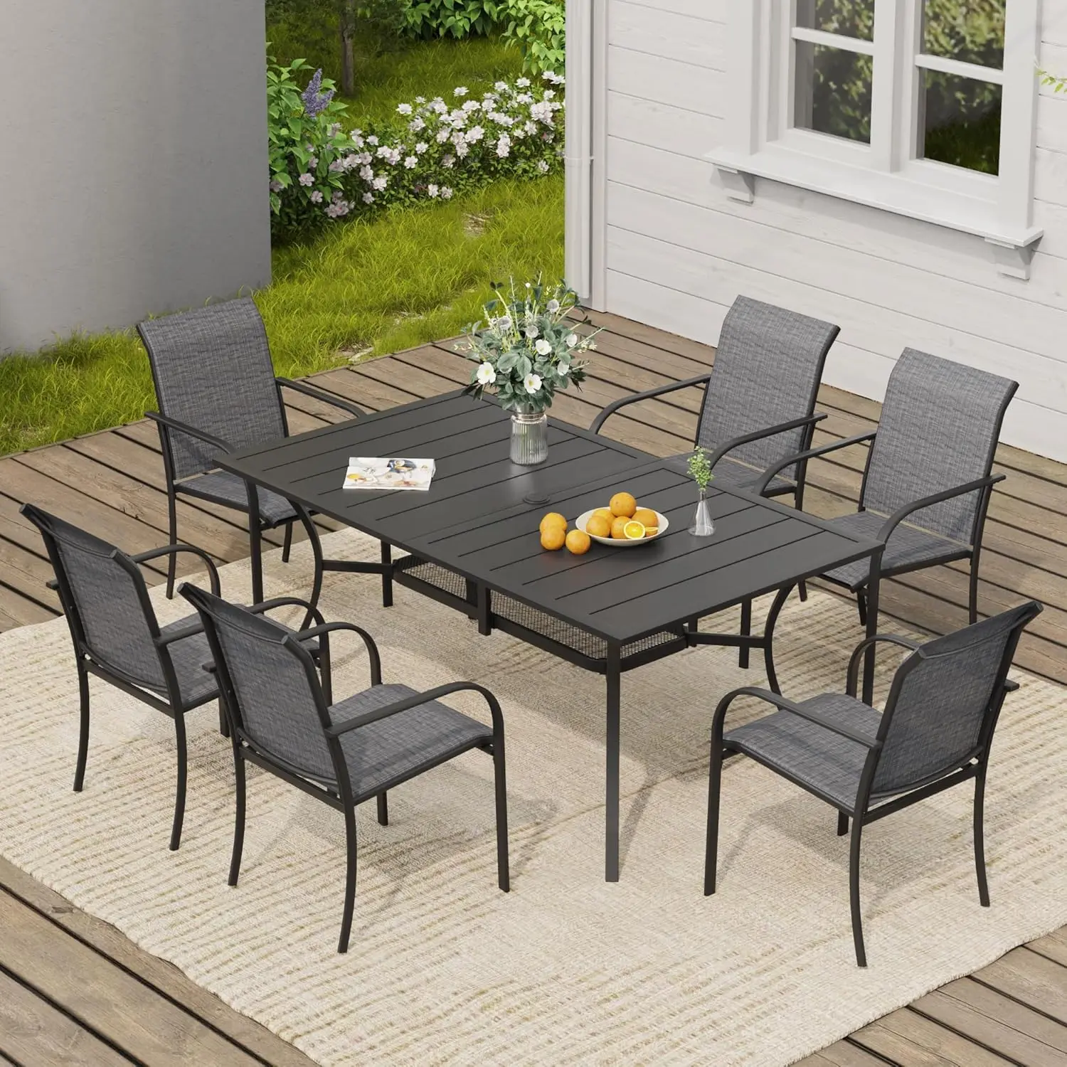 

7 Pieces Patio Dining Set, Patio Furniture Set of 6 Patio Stackable Dining Chairs and Outdoor Rectangular Metal, Customized