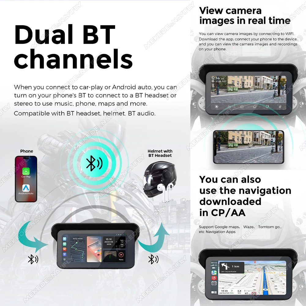 6.25 "التوصيل والتشغيل IP67 مقاوم للماء للدراجات النارية الملاحة اللاسلكية CarPlay أندرويد السيارات مستشعر TPMS جهاز تسجيل فيديو رقمي للسيارات دراجة نارية رصد