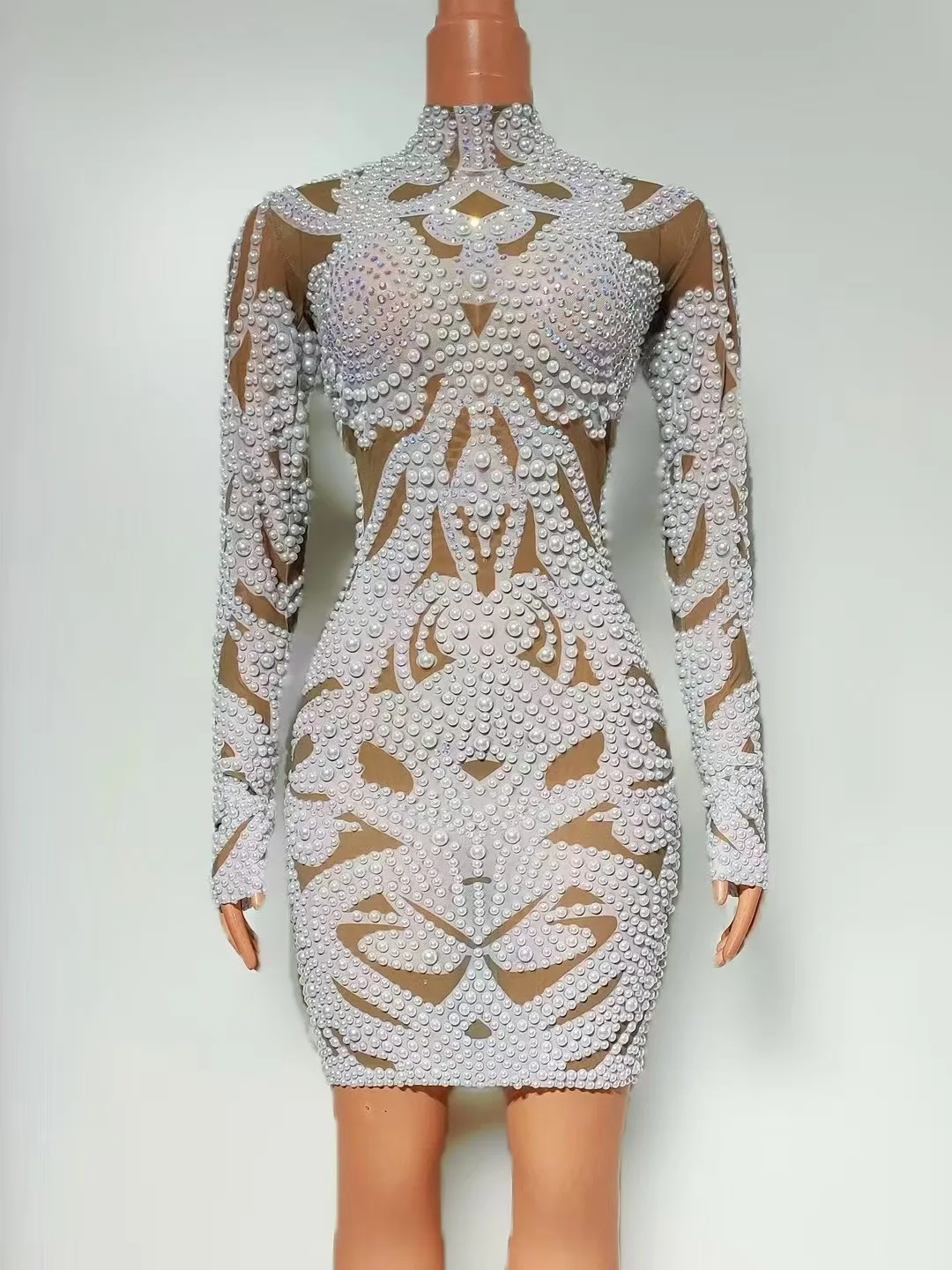 Pinball malha cheia de diamantes pérolas apertado encaixe sexy hip abraçando saia curta pista mostrar boate bar desempenho traje a772