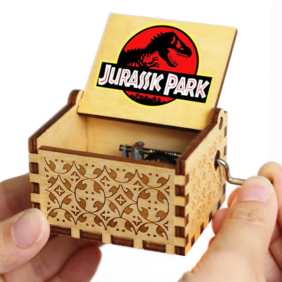 Hot Antique carved Wooden Hand Crank Jurassic Park Music Box figure Happy Halloween Christmas Birthday Gift