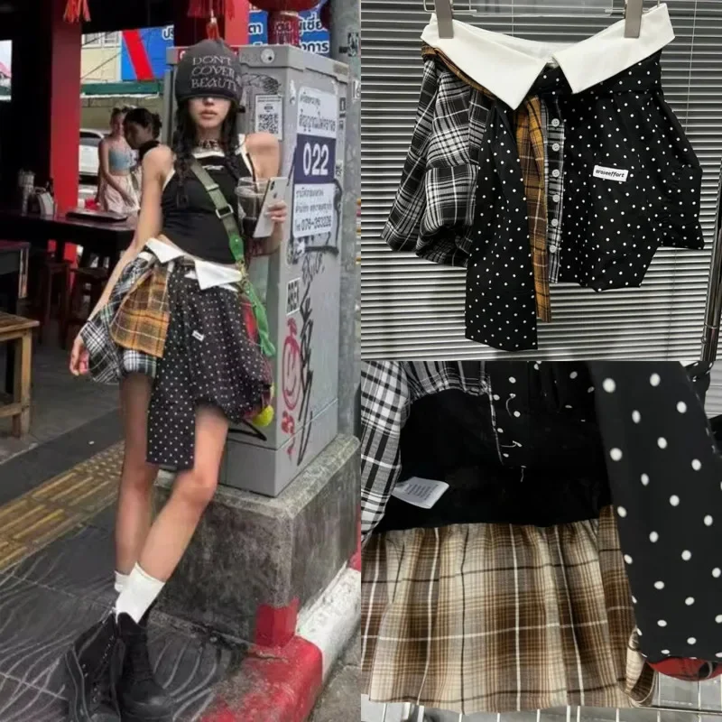 

Striped Checkered Spotted Skirt Women Summer 2024 Japan Korea Y2K Contrast Flower Bud Button Millennium Short Skirt A-line Dress