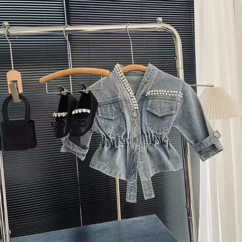

Korean Girls Denim Coat New Children Clothing Nail Bead Versatile Short Girls Baby Spring and Autumn Top 90-140CM