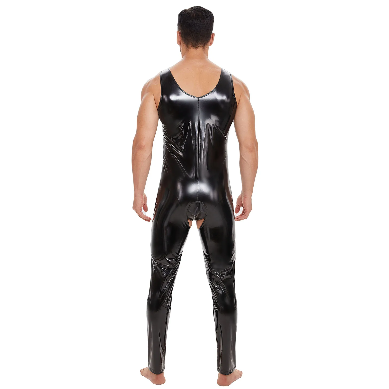 Mens Sexy Open Crotch Shiny Leather Jumpsuit Erotic Wetlook Leather Leotard Crotchless Male One-Piece Bodysuit Gay Clubwear Sexi