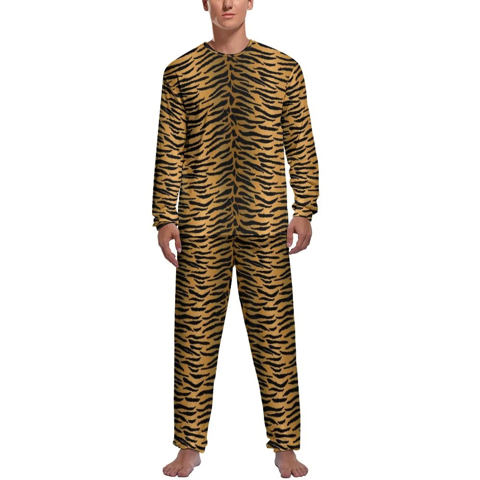 

Golden Tiger Print Pajamas Mens Animal Skin Warm Sleepwear Autumn Long Sleeve 2 Pieces Leisure Pattern Pajama Sets