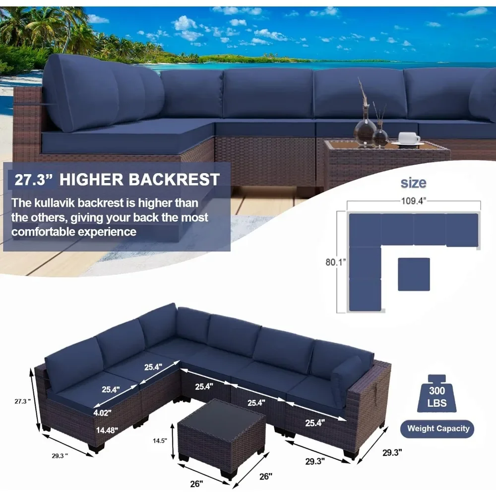 Set di mobili da giardino per esterni da 7 pezzi divano componibile in Rattan Set di conversazione per Patio in vimini manuale marrone con cuscini blu Navy