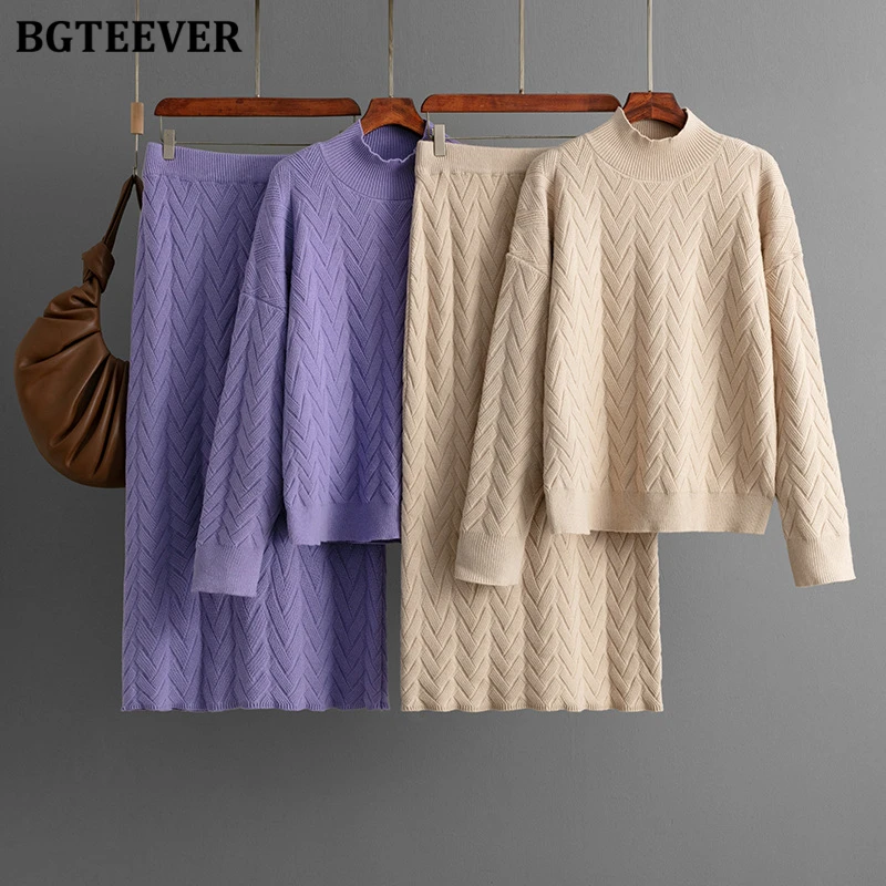 

BGTEEVER, осенне-зимняя стильная свободная женская трикотажная одежда, свитера с длинными рукавами и полувысоким воротником, прямые юбки с высокой талией