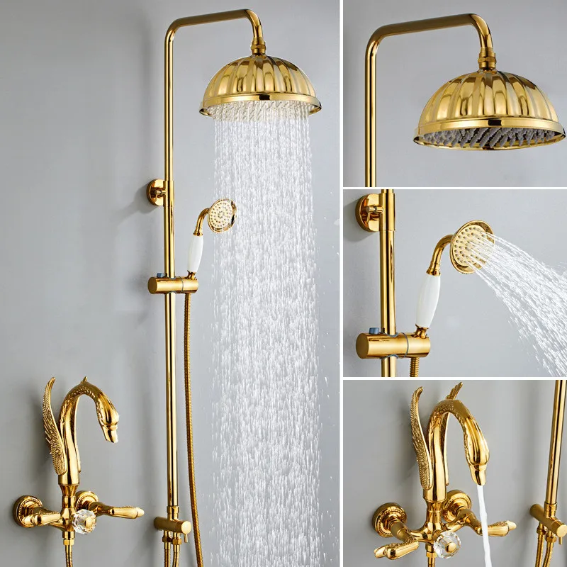 Tuqiu Bathroom Shower Faucet Set Gold Swan Bathroom Rainfall Shower Mixer Tap Polished Gold Brass Bath and Shower Faucet Set