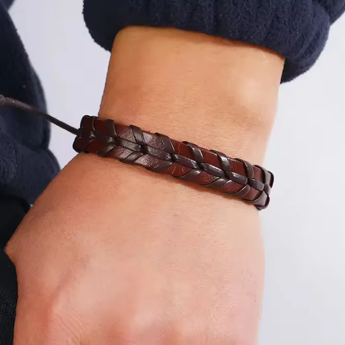 

fashion leather bracelet Woven Plain Leather Cuff, Men's Genuine Leather Bracelet, Black Leather Wristband, Men's Jewelry