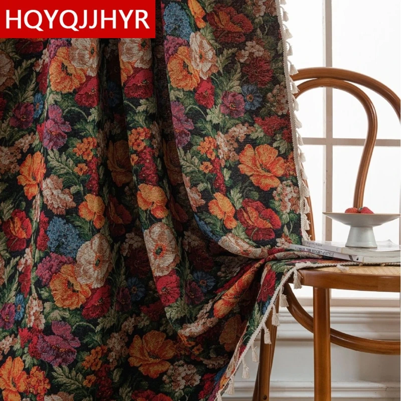 Polyester Cotton European and American Style Flower Jacquard Bedroom Living Room Kitchen Bay Window Semi-shading Curtain