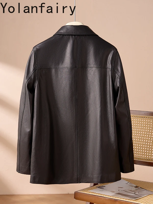 YOLANFAIRY 2025 Primavera Autunno Vera pelle di pecora Giacca di pelle genuina Donna High-end Vintage Cappotto di pelle nera Jaqueta Feminina