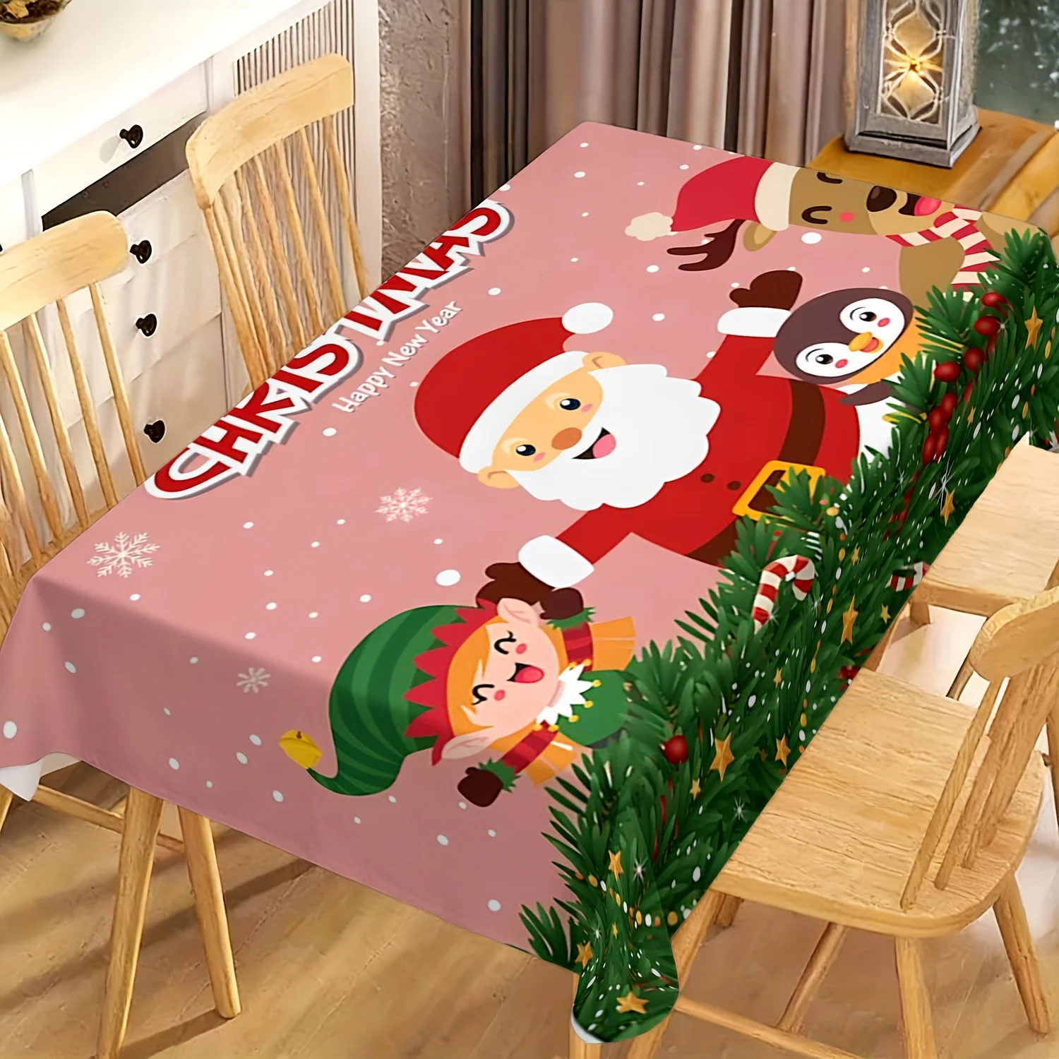 Pink Xmas Tablecloth, Santa Elf Penguin Reindeer Print Rectangular Washable Table Cover for Dining & Holiday Party Decor