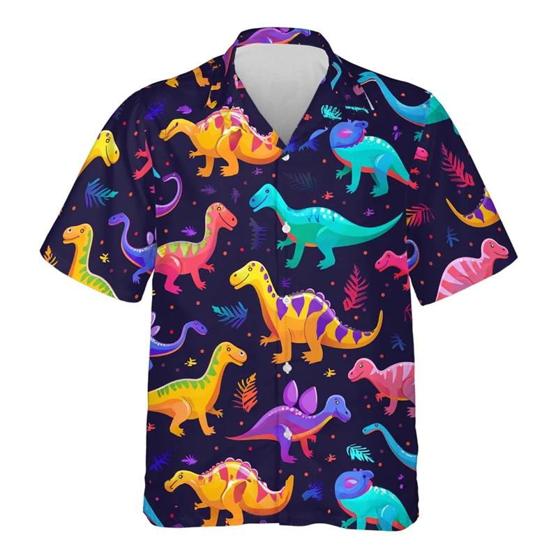 Cartoon Dinosaur 3D Printed Shirts For Men Clothes Cute Design Lapel Blouse Hip Hop Boy Streetwear Harajuku Surfing Short Sleeve