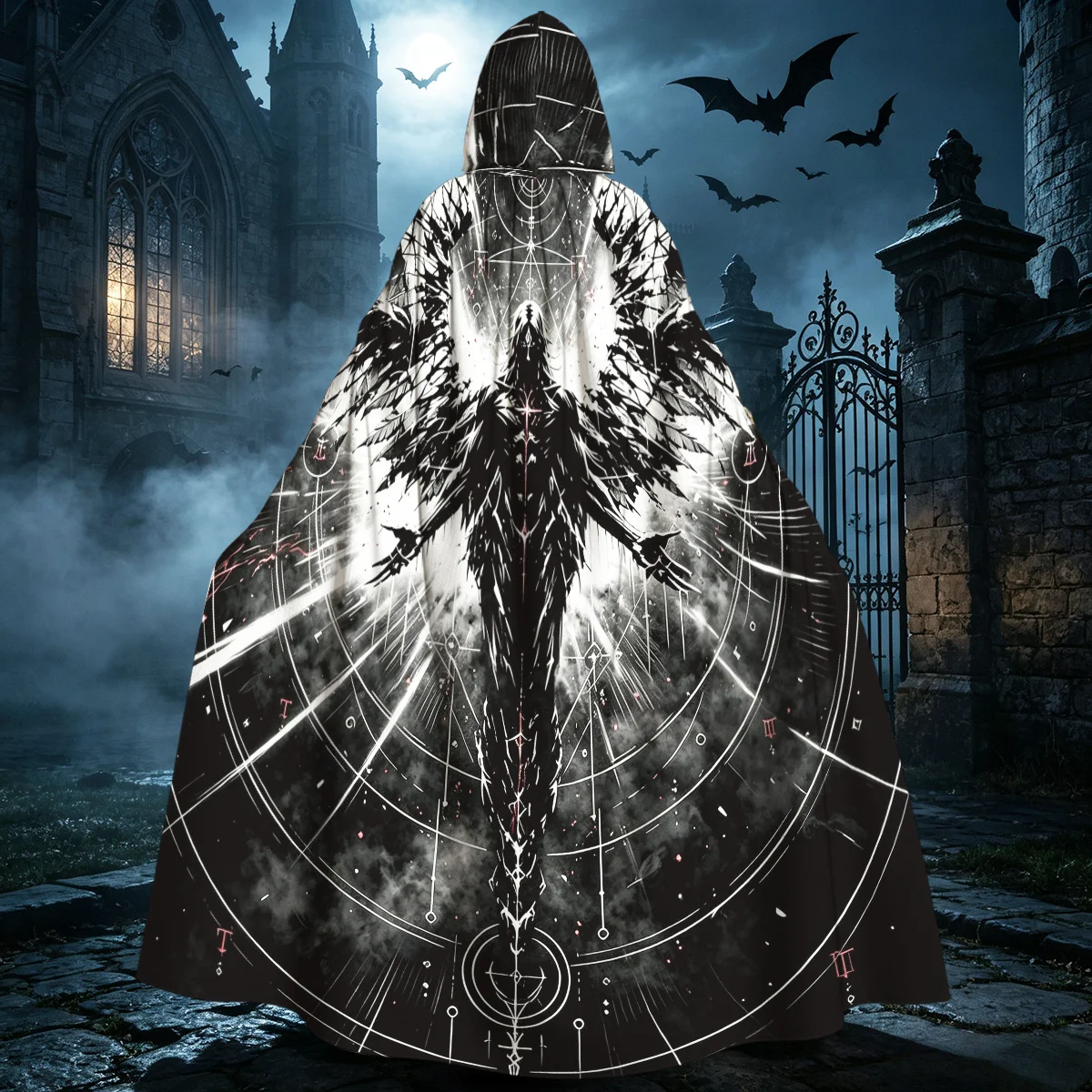 1pcs Hooded Cloak Cape with Broken Wing Dark Angel Sacred Geometric Magic Circle Print - Gothic Medieval