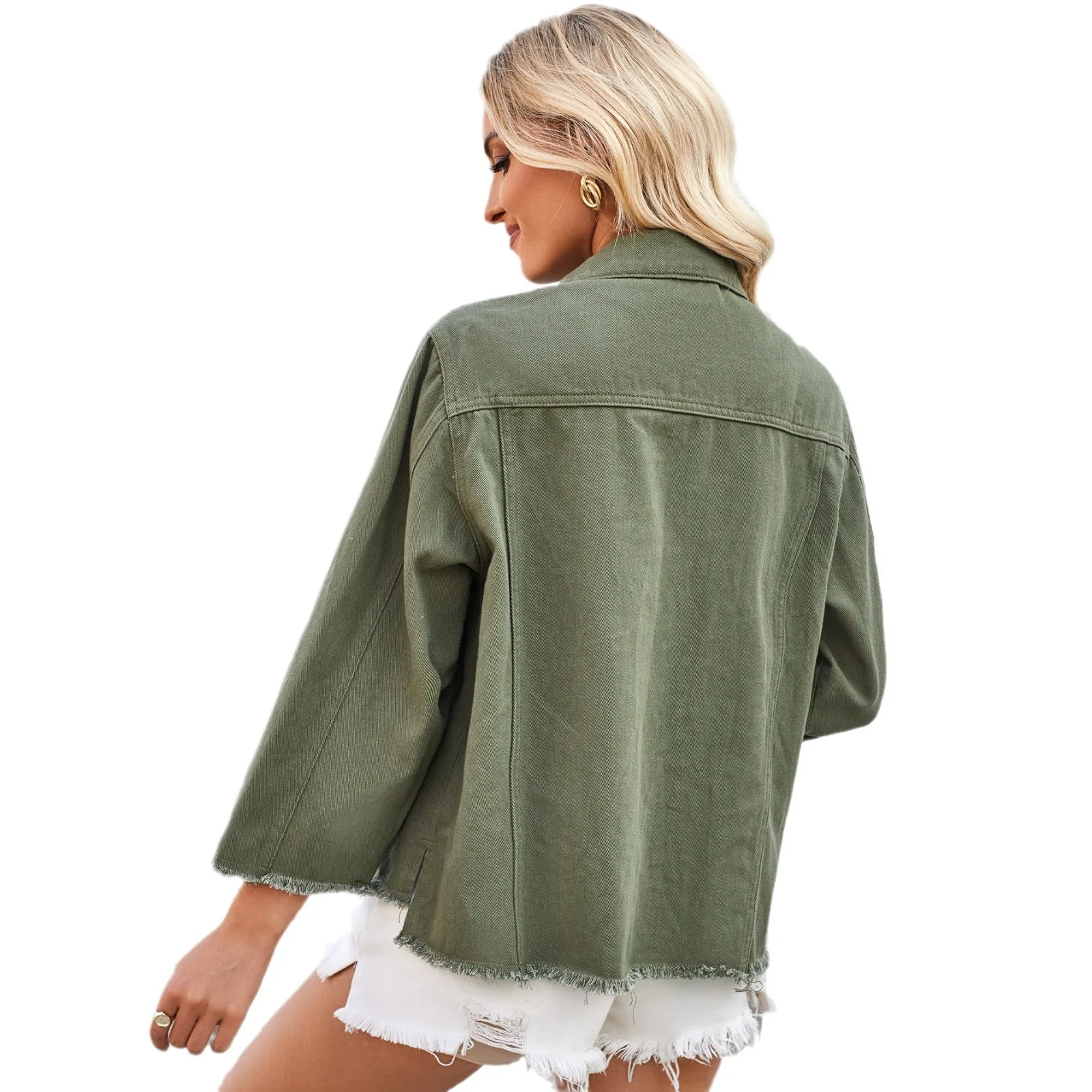 2026 Spring European And American  Women's Fashion New Washed Loose Seven-Quarter Sleeve Army Green Denim