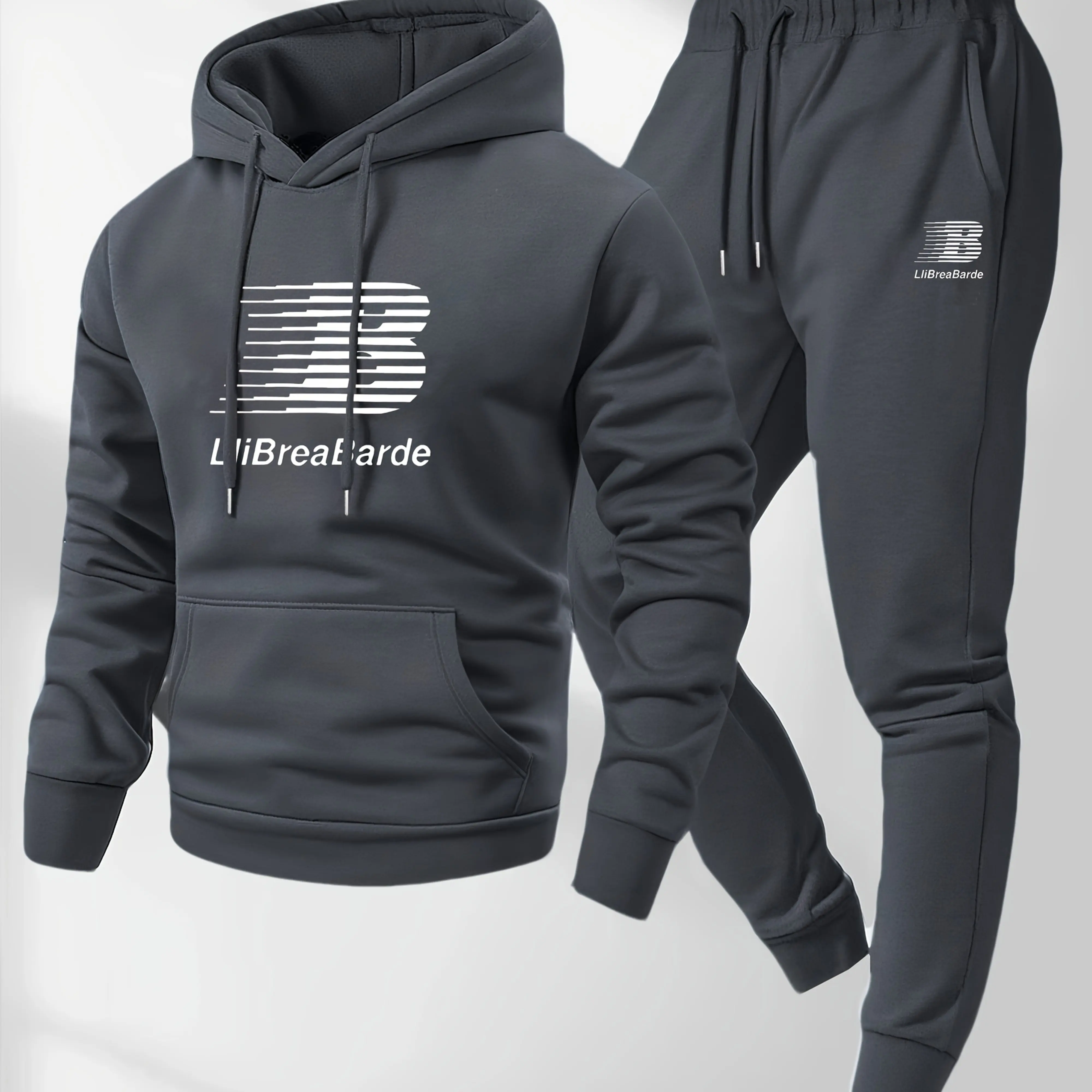 Autumn Winter Men's Casual Warm Outfit Printed Hooded Sweatshirt + Long Pants 2 Piece Set Comfortable Sportswear view 4