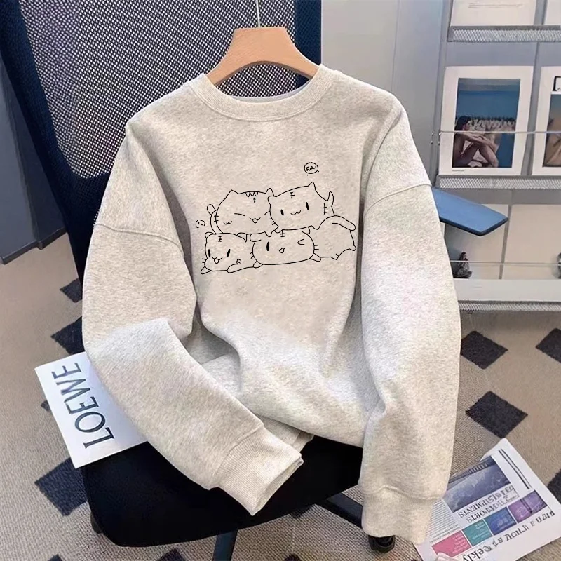 Vintage Oversized Fleece Lined Hoodie Women's Korean Style Lazy Fashion Grey Top Trendy Autumn Winter Sweatshirt Casual Commute
