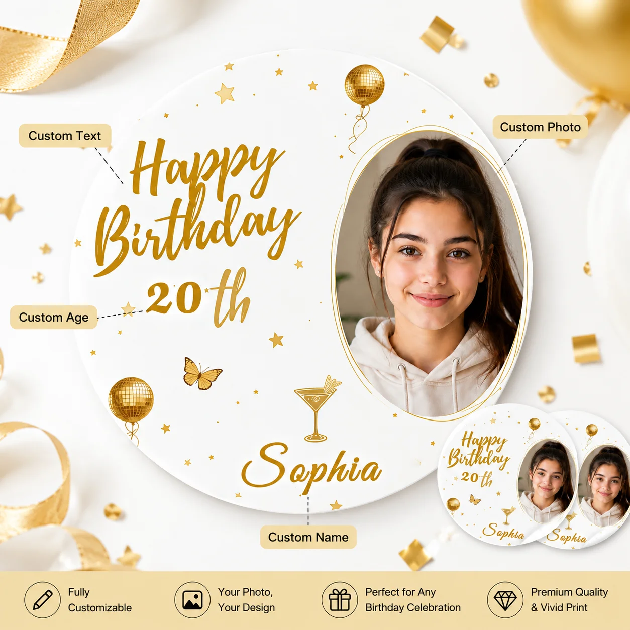 Customized Photo Stickers with Name, Age, and Birthday in a Round Shape, Suitable for Gift Boxes, Gift Bags, Envelopes, Candles, and Party Decorations