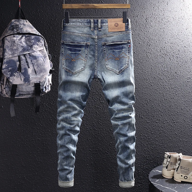 Fashion Designer Men Jeans Trendy Trousers High Quality Retro Blue Elastic Slim Fit Vintage Jeans Men Casual Denim Pants Hombre