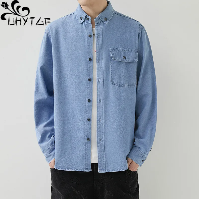 

UHYTGF 4XL Thin Denim Shirt Mens Long-Sleeved Single-Breasted Casual Spring Autumn Jeans Blouses For Men Young Cowboy Jacket 299