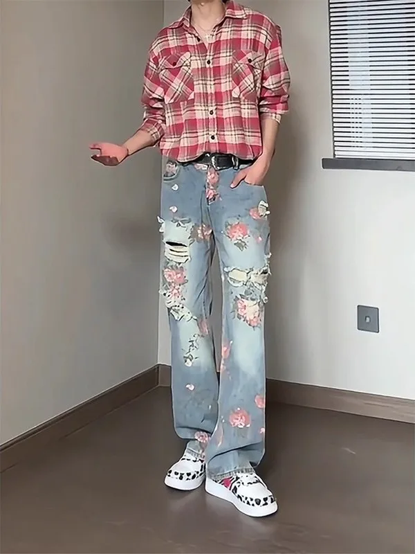 

Мужские джинсы большого размера прямого кроя с цветочным принтом, рваные, в стиле High Street, для весны и осени, повседневные, удобные, из денима