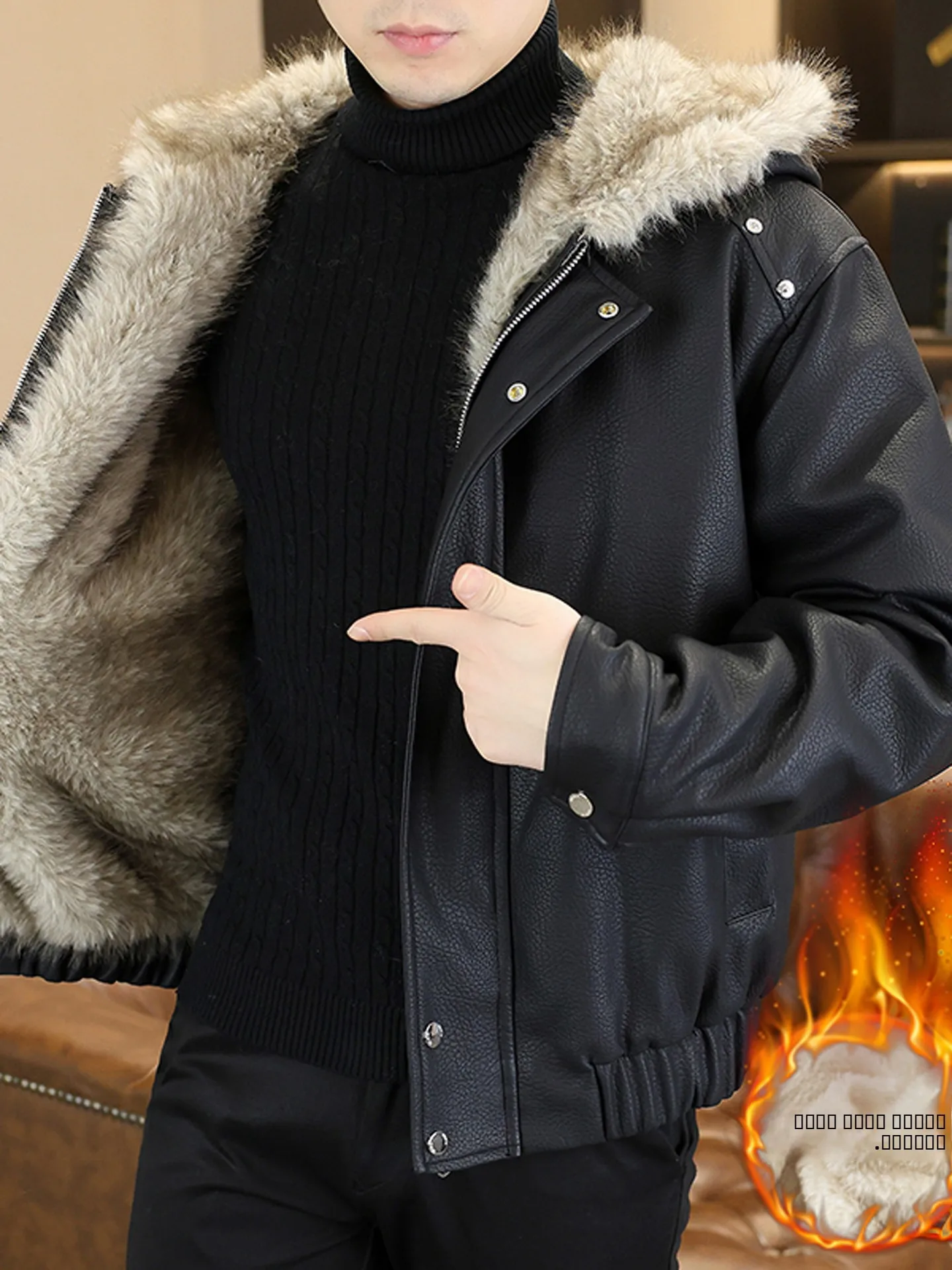 

Men's Winter Thiened Fce Lined Leather Jaet Hooded PU Leather Polyester Fce Inteated Warmth High End Biker Jaet