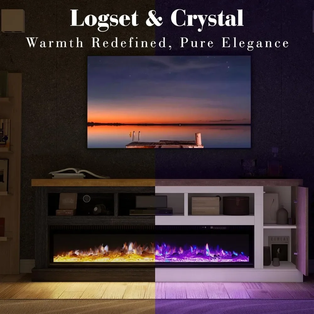 75” Fireplace TV Stand with 60” Electric Fireplace, Chunky Entertainment Center with Wood Grain, Color Clash Entertainment