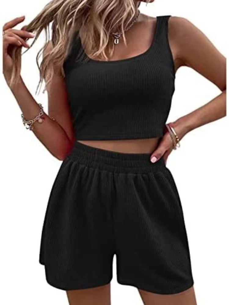 

Новинка лета, женские модные облегающие шорты из двух предметов, костюм без рукавов, майка с круглым вырезом, комплекты из 2 предметов для отдыха, женские наряды