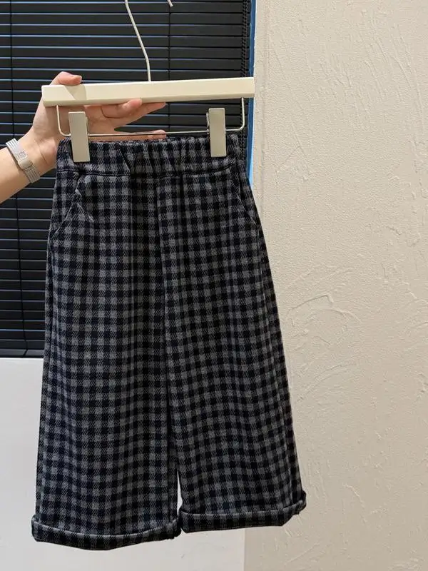 

Детские брюки в клетку для девочек, зима 2025, новые, универсальные, свободные, широкие, повседневные, модные, прямые штаны для малышек