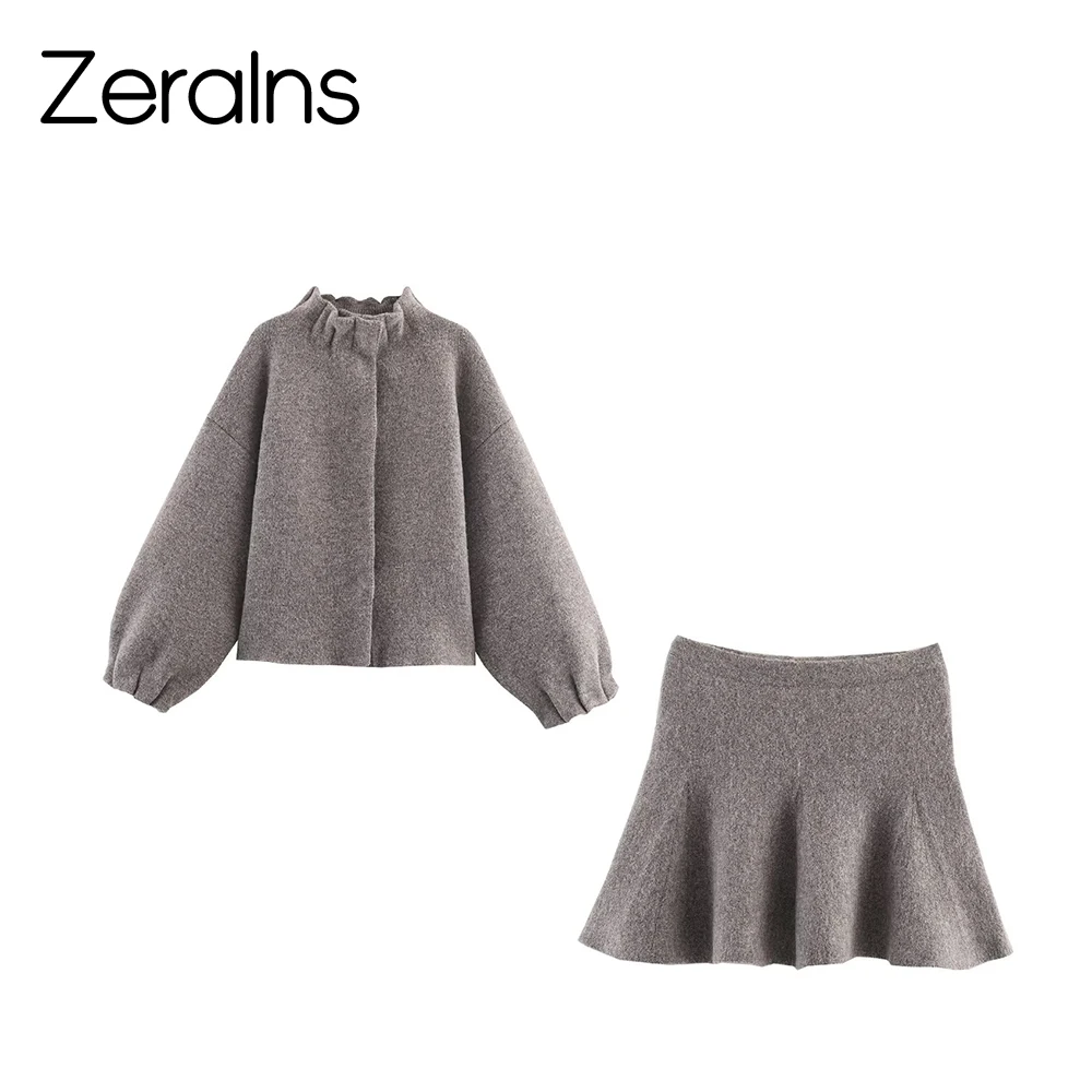 ZERAINS 2025 가을 겨울 신상 여성 의류 루즈핏 슬림핏 다용도 니트 자켓 하프 스커트 세트