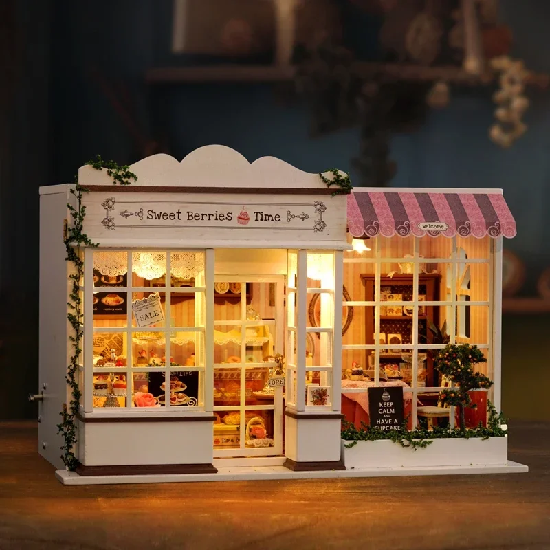 

Sweet Berries Time Casa Miniature DIY Wooden Doll Houses Building Kit Cake Dollhouse with Furniture Led Lights for Girls Gifts