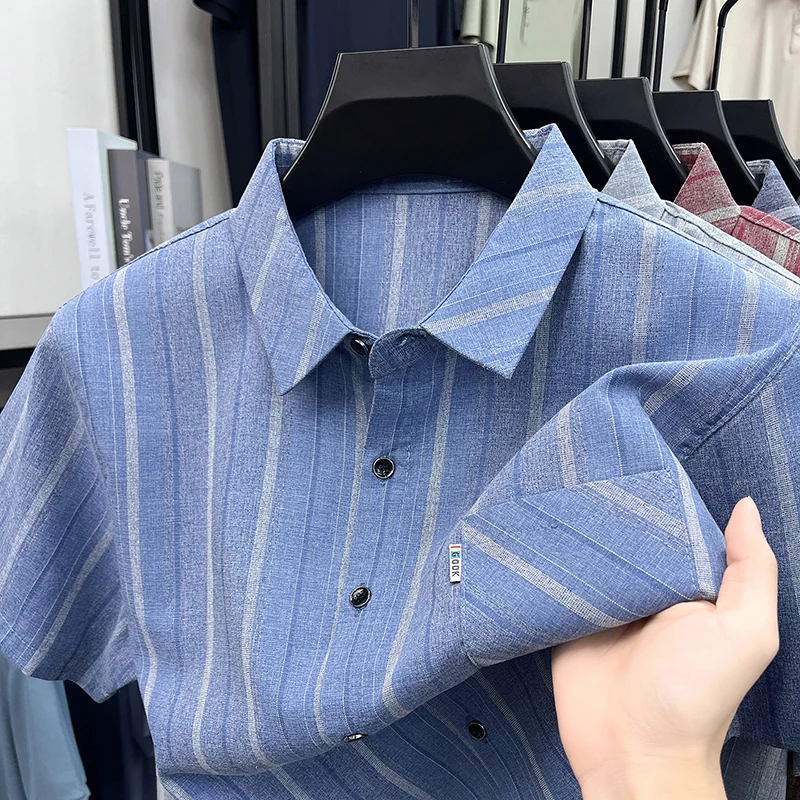 

High End Brand Men's Color Blocking Stripe Shirt Comfort Lapel Short Sleeved Soft Silk T-shirt Summer Breathable Men's Clothing